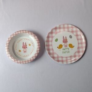 Happy Easter Bunny and Chick Bowl+Plate Set - Pink and White Gingham